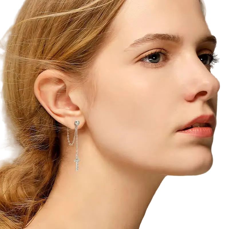 925 SILVER CROSS DROP EARRINGS WITH MOISSANITE