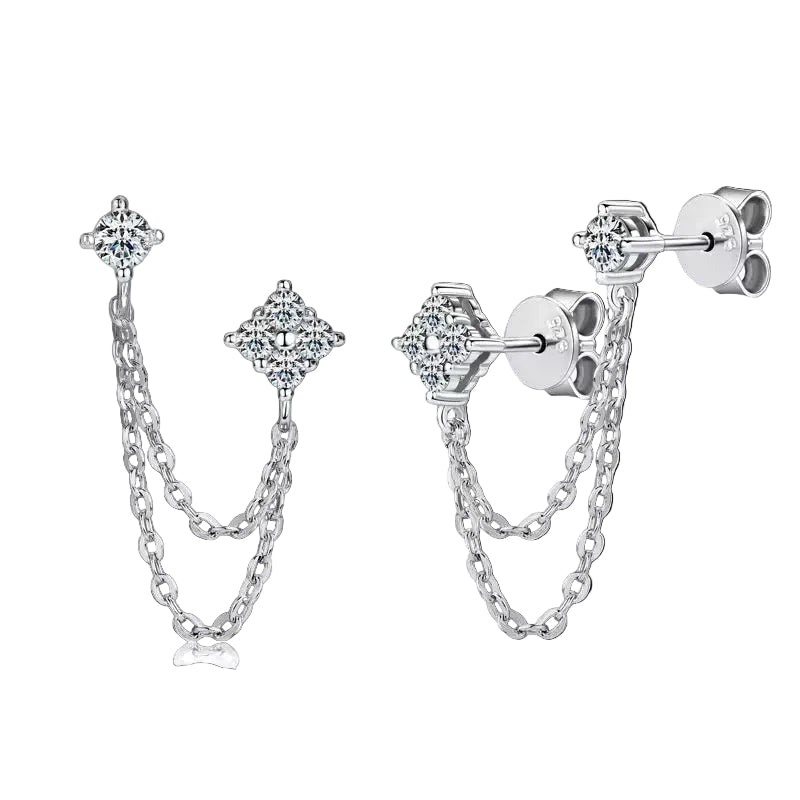 925 SILVER DOUBLE PIERCING CHAIN EARRINGS WITH MOISSANITE