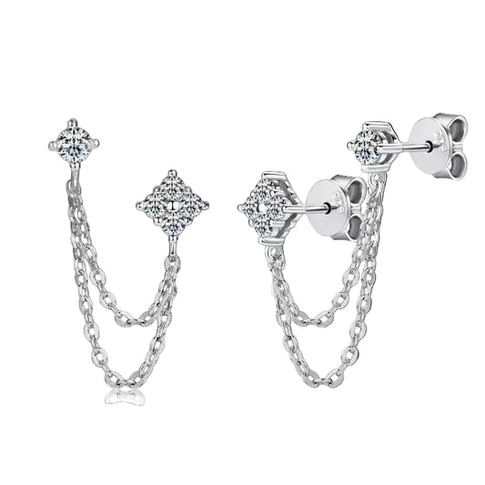 925 SILVER DOUBLE PIERCING CHAIN EARRINGS WITH MOISSANITE