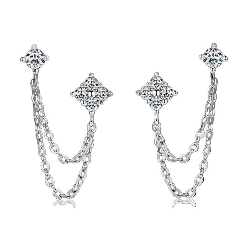 925 SILVER DOUBLE PIERCING CHAIN EARRINGS WITH MOISSANITE